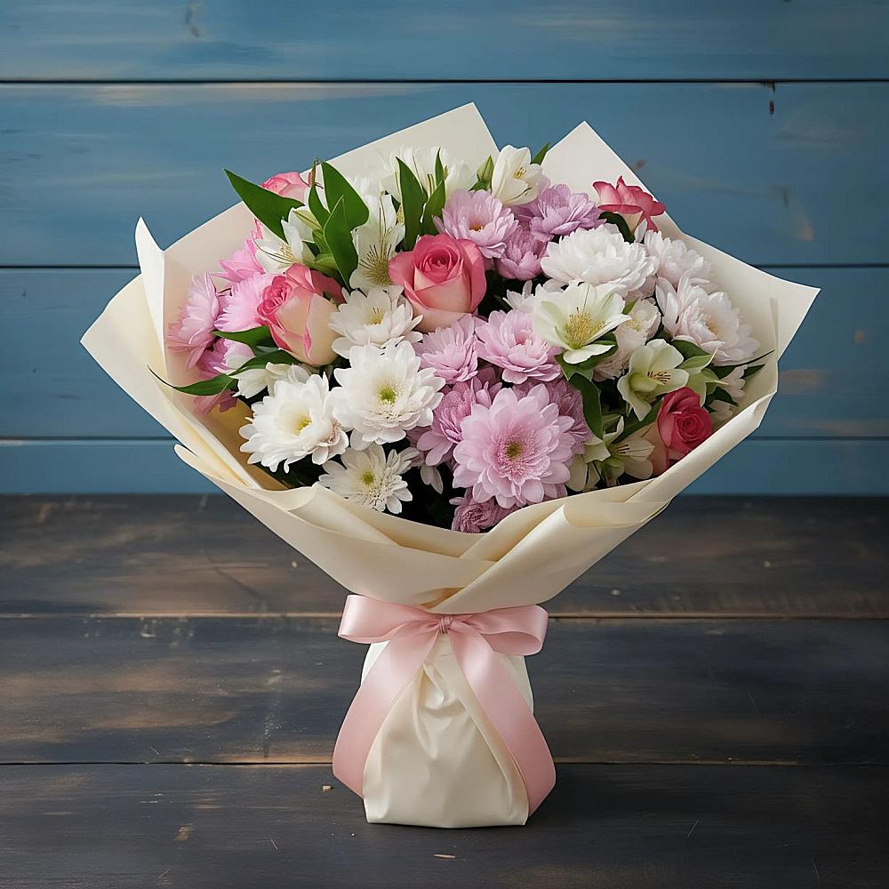 Букет цветов из: Хризантемы, Альстромерии и Розы в Федоровском